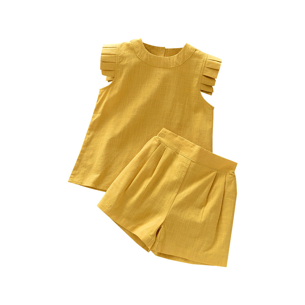 Charming Girls' Two-Piece Set: Round Neck Sleeveless VestShortsCasual Outfit for Kids