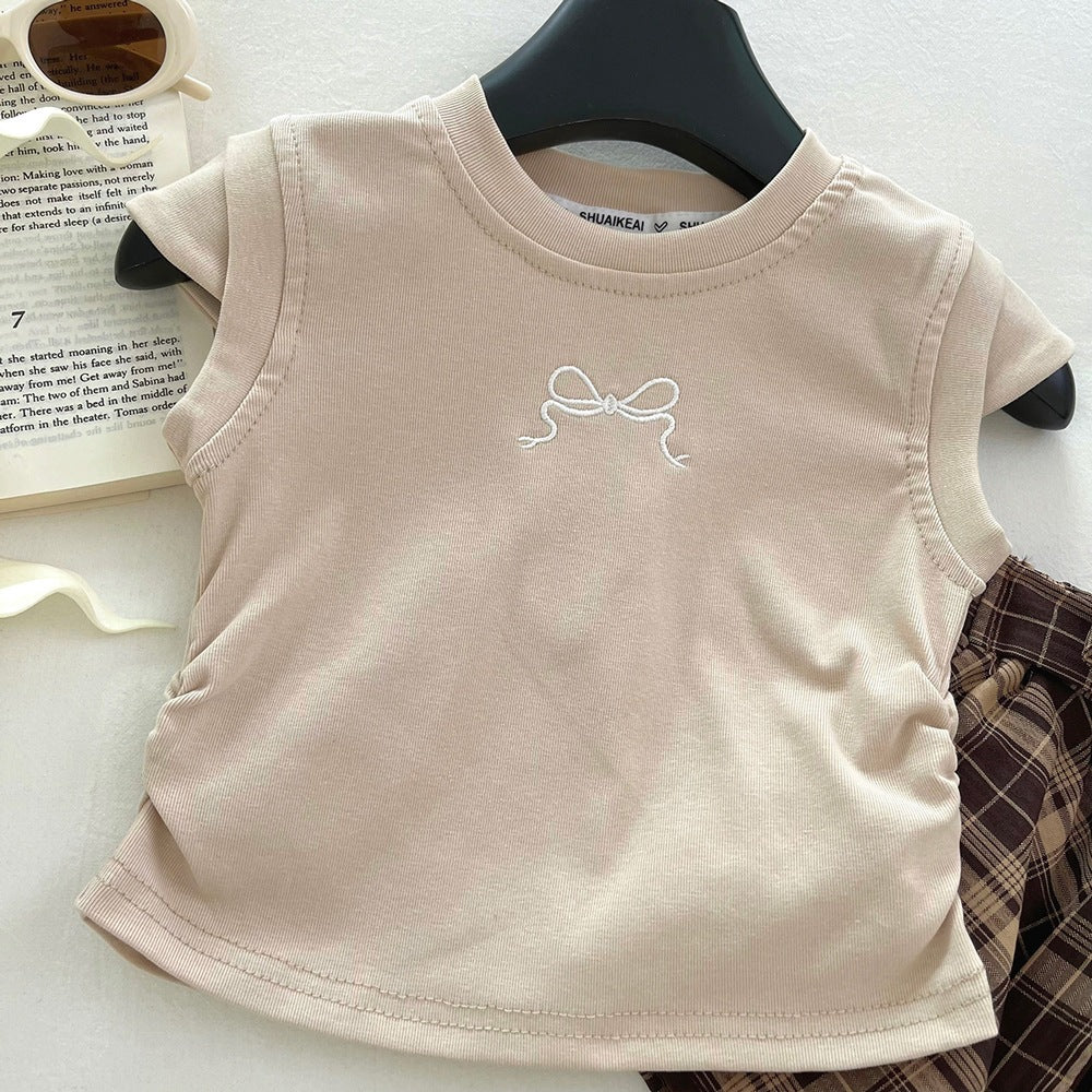 Girls Summer Short Sleeve Embroidered T-Shirt Set, Lightweight Plaid Bow Irregular Skirt Two-Piece Outfit