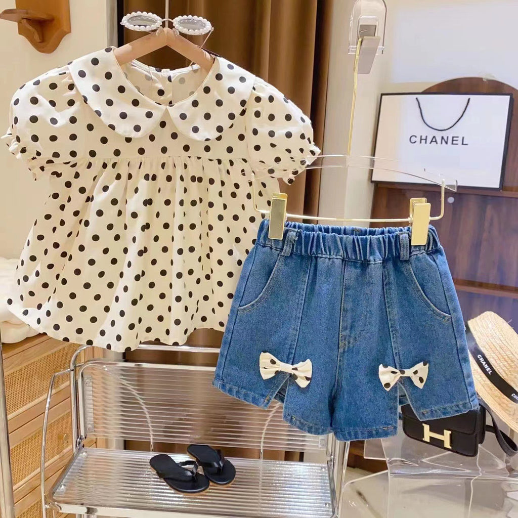 Cute Polka Dot Blouse and Denim Shorts Set for Girls, Fashionable Two-Piece Outfit, Kids Trendy Casual Wear