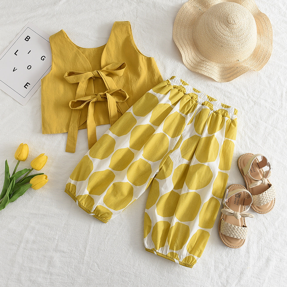 Baby Girl Cotton Sleeveless Top & Polka Dot Pants Two-Piece Set with Hat