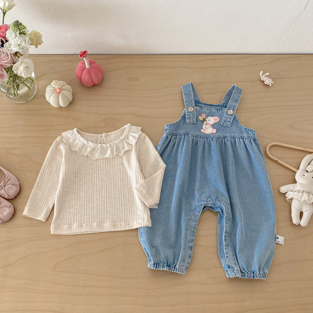 Baby Spring New Rabbit Ears Overalls Set, Girl Baby Lace Shirt Bodysuit Two-Piece Set