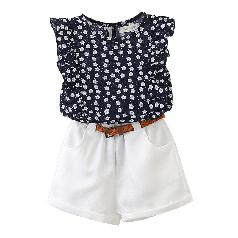 Girls' Fresh Floral Sleeveless T-Shirt & Shorts Spring Summer Set