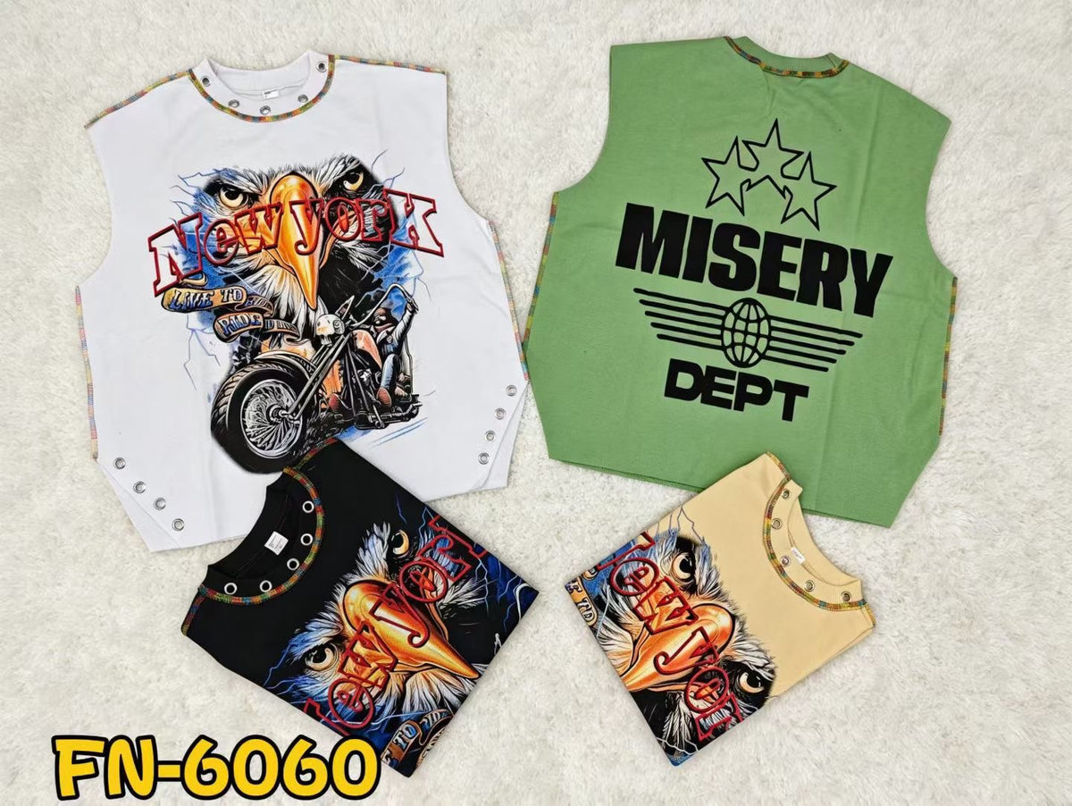 Graphic Sleeveless Tee $6.50/pc – FN-6058 / FN-6059 / FN-6060 / FN-6061 / FN-6062 (Pack of 10 | MOQ 20 Bags)