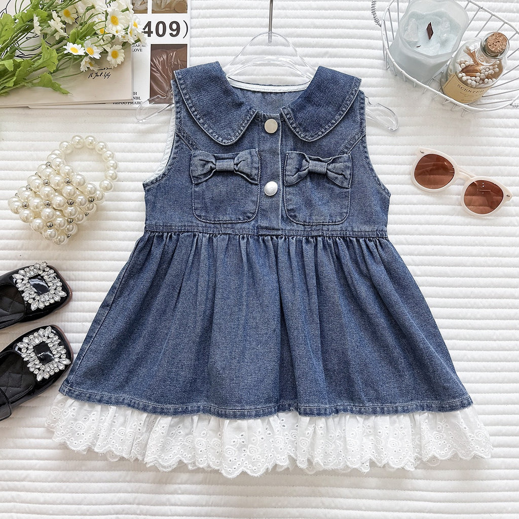 Charming Girls' Denim Dress with Butterfly Knot and Lace Splicing Sleeveless Dress for Summer Fashion Kids Clothing
