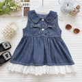 Charming Girls' Denim Dress with Butterfly Knot and Lace Splicing Sleeveless Dress for Summer Fashion Kids Clothing