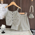 Girls' Pleated Stripe Strap Top & Shorts Two-Piece Casual Set