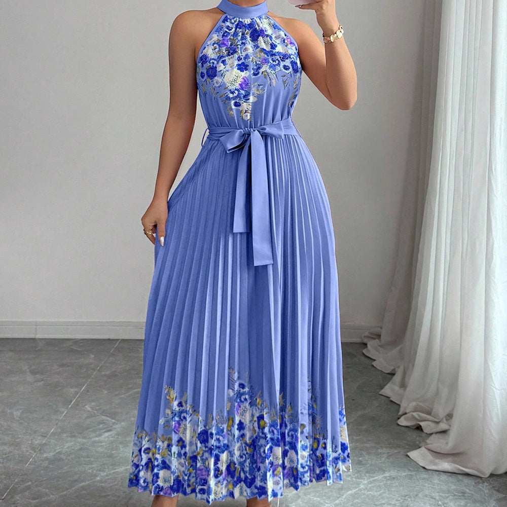 Women’s Floral Print Halter Neck Pleated Maxi Dress with Waist Tie – $19.99 Unit Price | MOQ 24 Pieces.Size S-xl