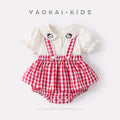 Baby Doll Collar Cartoon Embroidered Cat Short Sleeve Infant Plaid Overall Romper Two-Piece Set