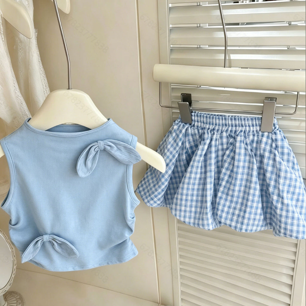 Girls' Sleeveless Bow Vest & Plaid Bubble Skirt Set — Korean Style Kids Outfit