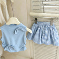 Girls' Sleeveless Bow Vest & Plaid Bubble Skirt Set — Korean Style Kids Outfit
