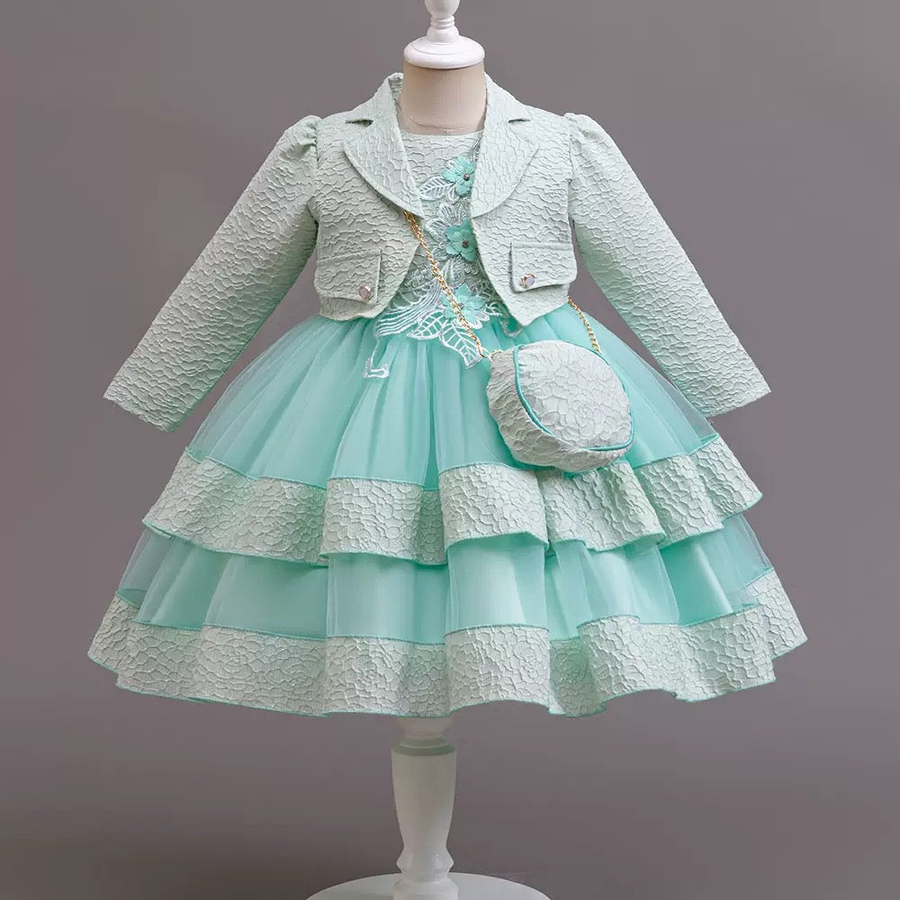 Wholesale Girls Elegant Princess Dress Set with Matching Jacket & Purse – MOQ 50 Mixed Colors – 10 Pieces Per Color – $8 Each