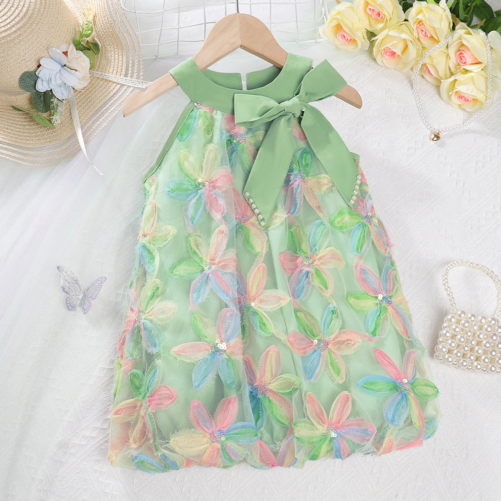 Girls Korean Style Sequin Bow Princess Dress — Sleeveless Mesh Strap Dress (Ages 3-7Y)