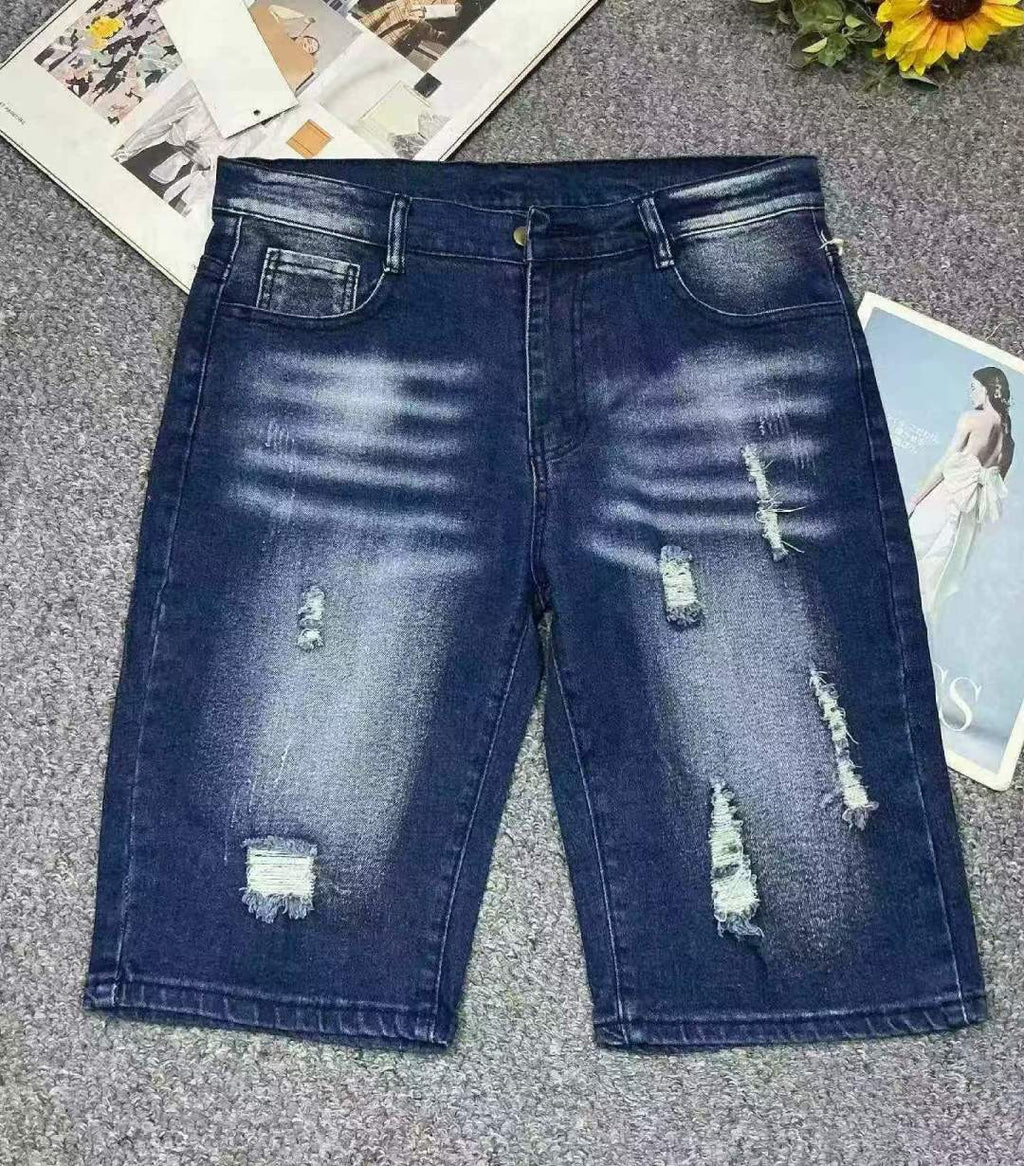 New summer style, high-elasticity men's retro washed cotton ripped denim shorts.