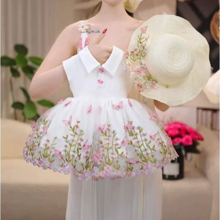 Charming Embroidered Floral Tulle Puff Dress for Girls, Princess Style Formal Dress