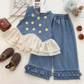 Girls' Denim Set Summer New Style Daisy Polka Dot Tulle Denim Vest and Wide Leg Pants Two-Piece Set