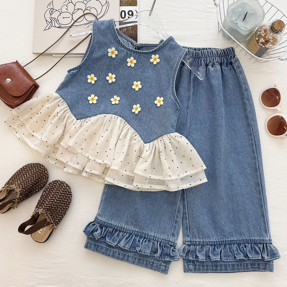 Girls' Denim Set Summer New Style Daisy Polka Dot Tulle Denim Vest and Wide Leg Pants Two-Piece Set