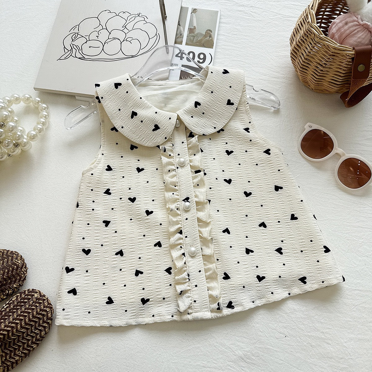 Summer Girls' Set Love Print Sleeveless Vest Top Pom-Pom Shorts  Two-Piece Set
