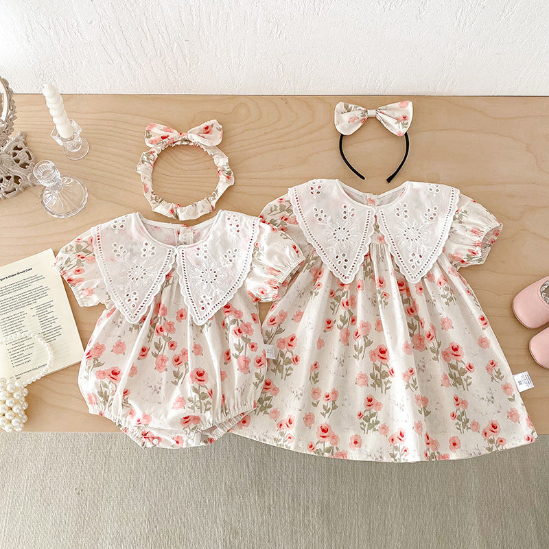 Cute Short Sleeve Dress for Baby Girls Summer Outfit Baby Romper Onesie Sister Matching Set