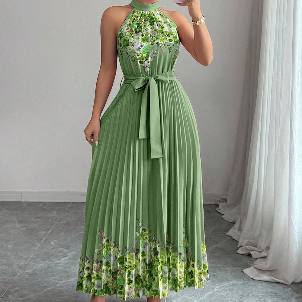 Women’s Floral Print Halter Neck Pleated Maxi Dress with Waist Tie – $19.99 Unit Price | MOQ 24 Pieces.Size S-xl