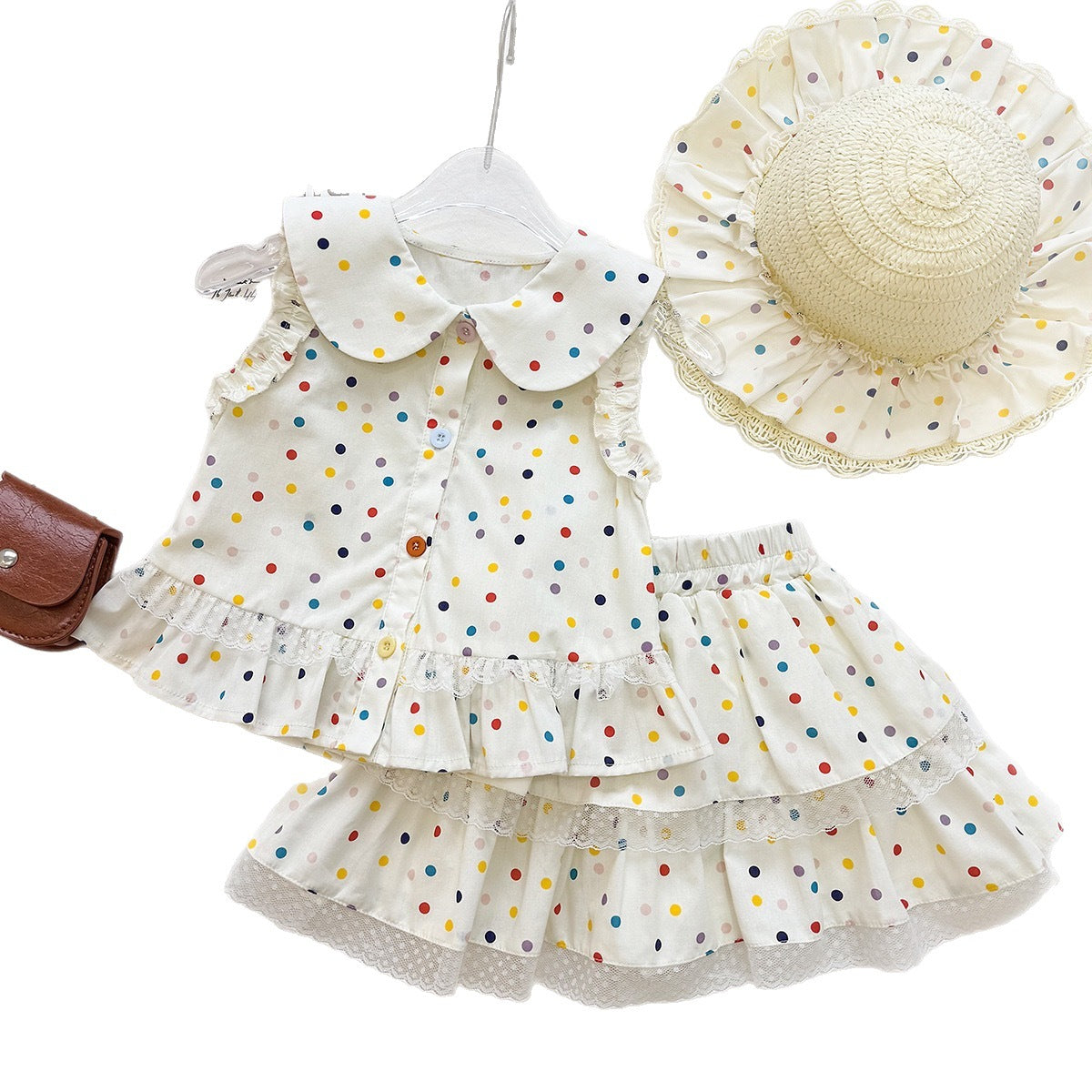 Cute Polka Dot Outfit for Girls, Baby Doll Collar Sleeveless Top with Layered Skirt Two-Piece Set, Fashionable Casual Wear