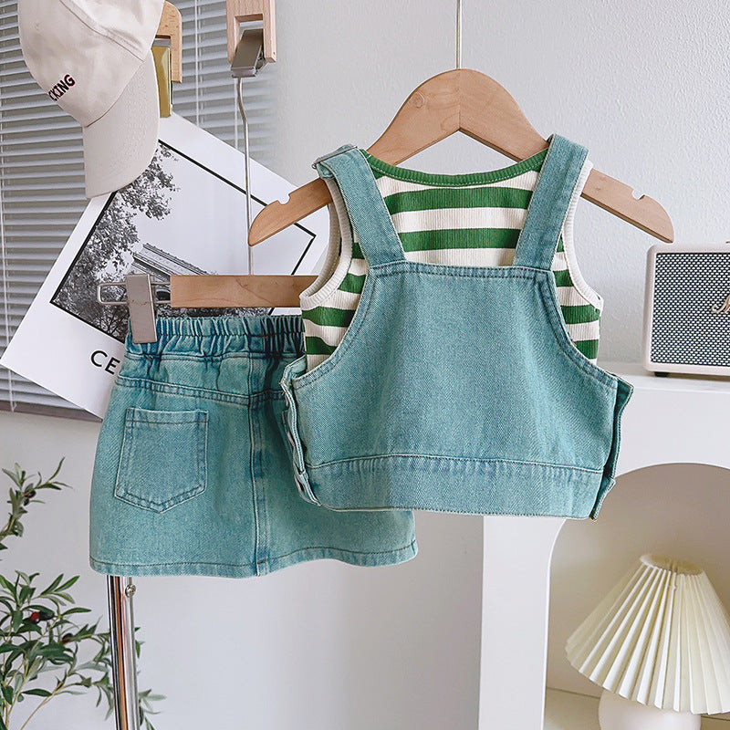 Cute Girl's Summer Denim Outfit Set, New Baby Summer Sleeveless Top with Strap Skirt Three-Piece Set