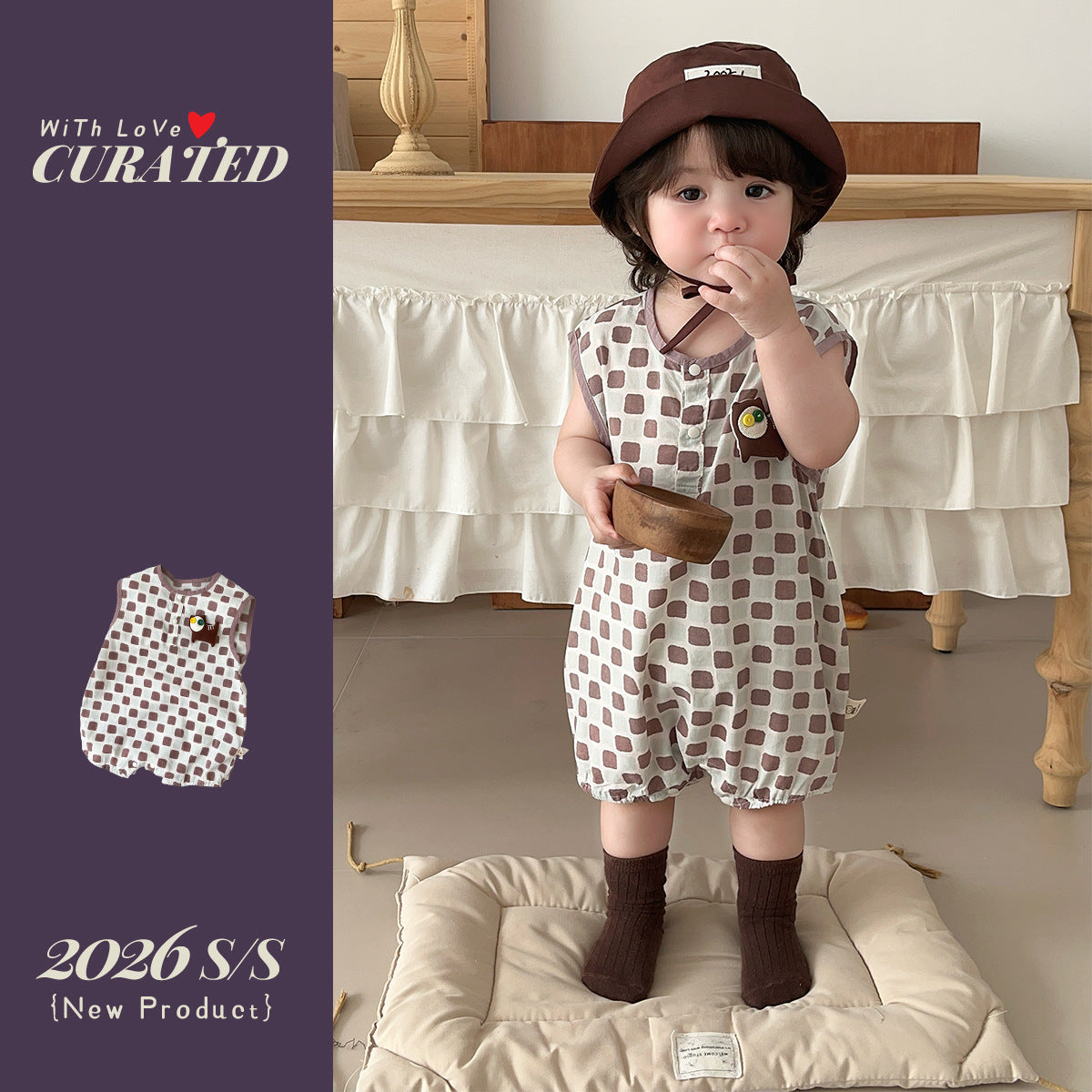 Baby Romper for Boys Lightweight Short Sleeve All-Over Printed Checkered Cartoon Baby Onesie