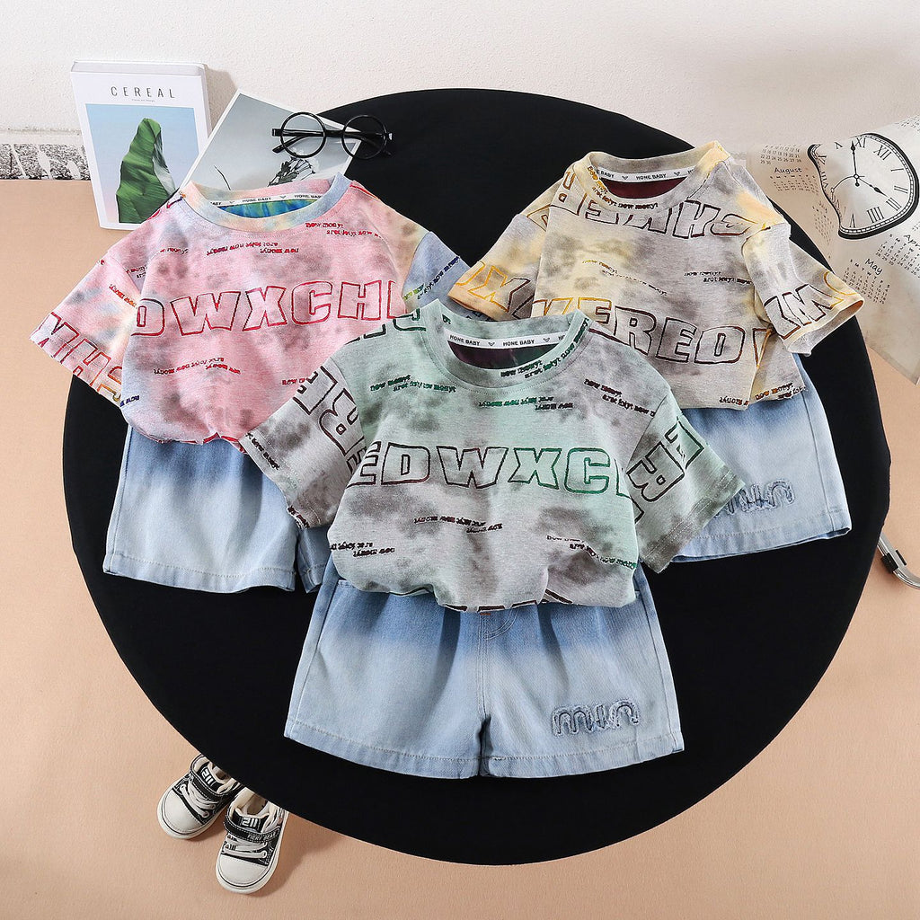 Boys Tie-Dye Letter Print 2-Piece Set — Short Sleeve Top & Mid-Length Shorts (Sizes 80-120cm)
