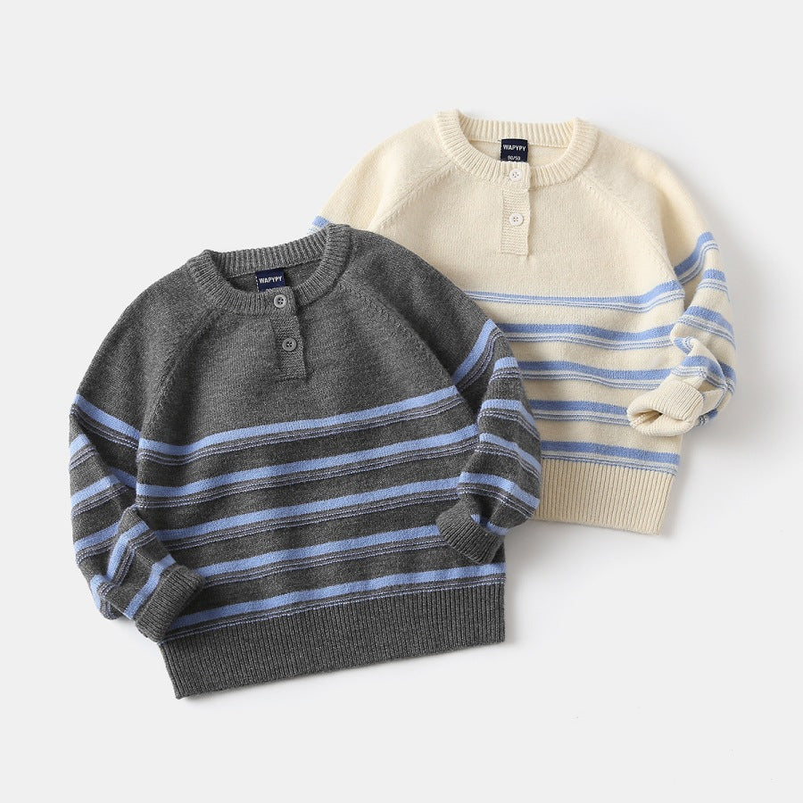 Boys Korean Style Striped Knitted Sweater — Long Sleeve Pullover for Fall & Winter (Sizes 90-130cm)