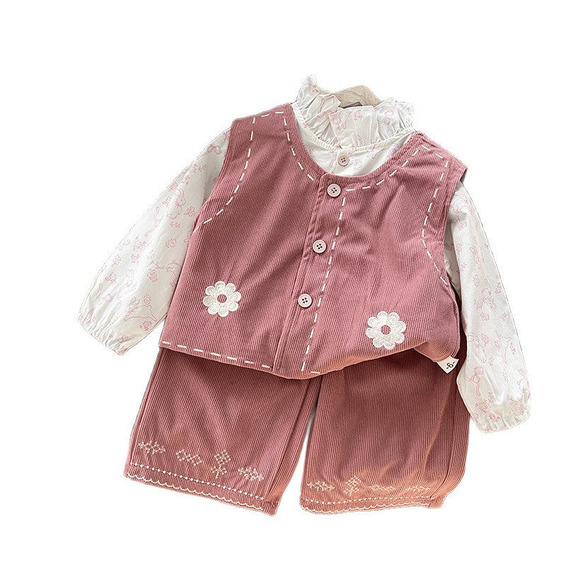 Baby girl autumn baby girl corduroy vest long sleeved three piece set