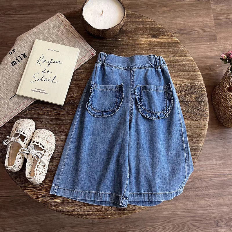 Girls' Cherry Embroidery Tank Top and Denim Wide-Leg Pants Two-Piece Set Fashion Baby Outfit Summer