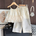 Chic Summer Outfit for Baby Girls, Simple and Fashionable Two-Piece Set with Ruffle Strap Top and Wide Leg Pants