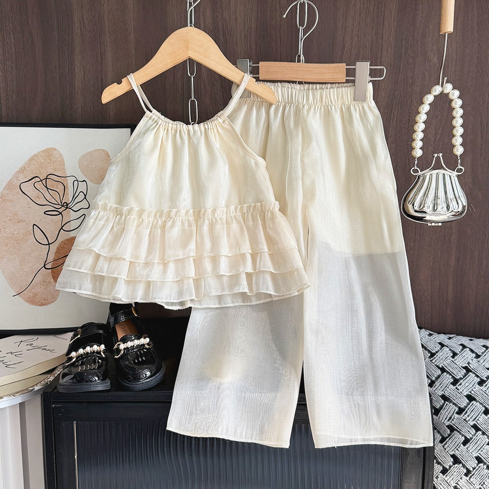 Chic Summer Outfit for Baby Girls, Simple and Fashionable Two-Piece Set with Ruffle Strap Top and Wide Leg Pants