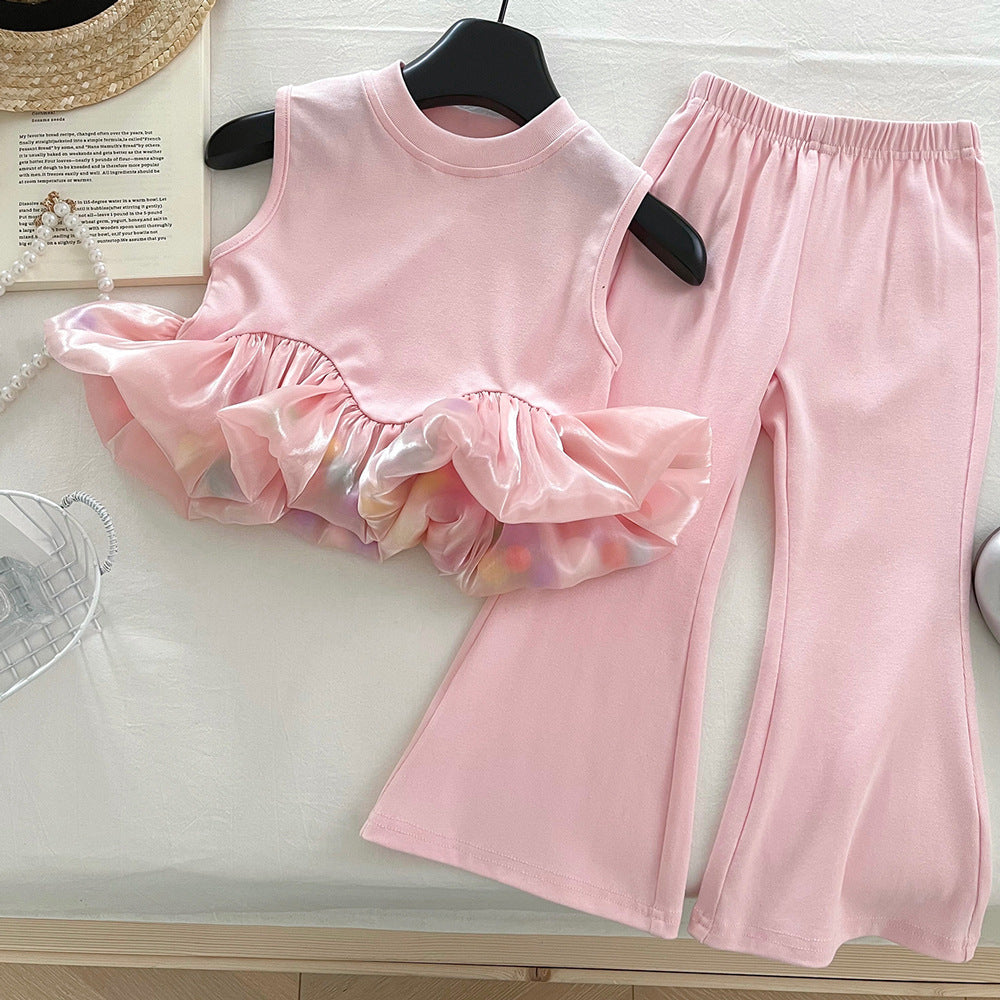 Cute Girls' Sleeveless Patchwork Tank Top Set Fashion Stretch Flared Pants Two-Piece Outfit