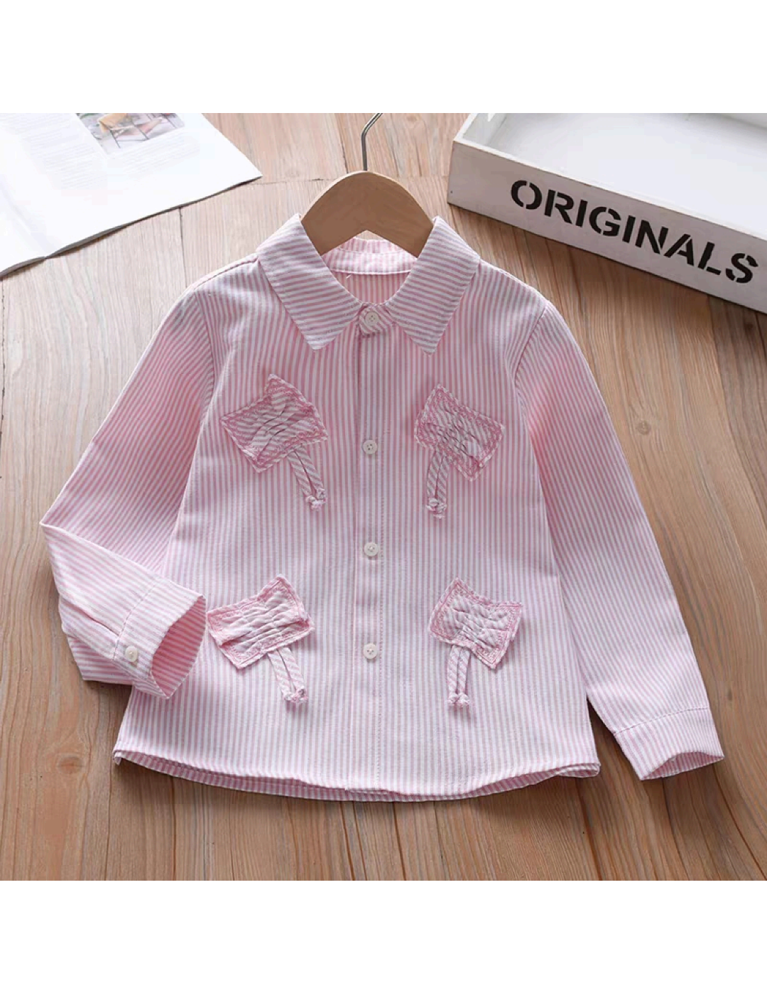 Girls Pink Stripe Star Appliqué Button Blouse