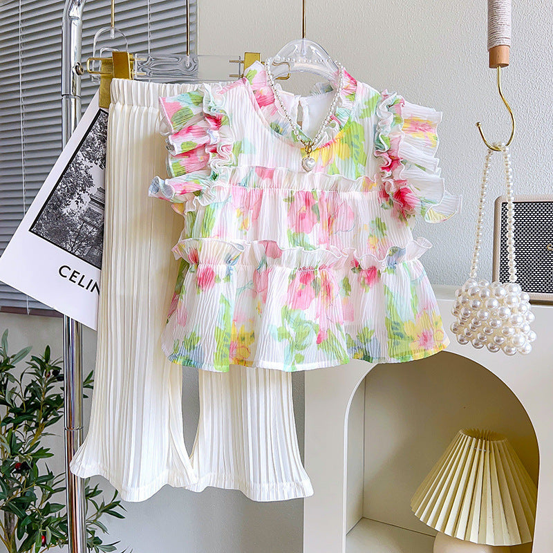 Girls' Korean Style Floral Sleeveless Top & Long Pants Set — Apricot