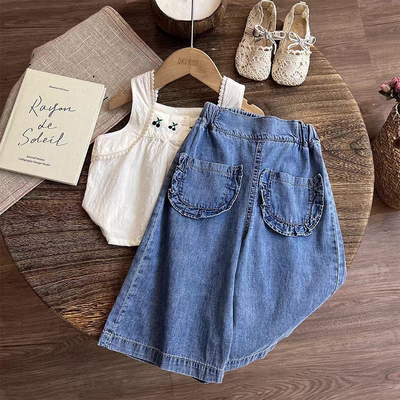 Girls' Cherry Embroidery Tank Top and Denim Wide-Leg Pants Two-Piece Set Fashion Baby Outfit Summer