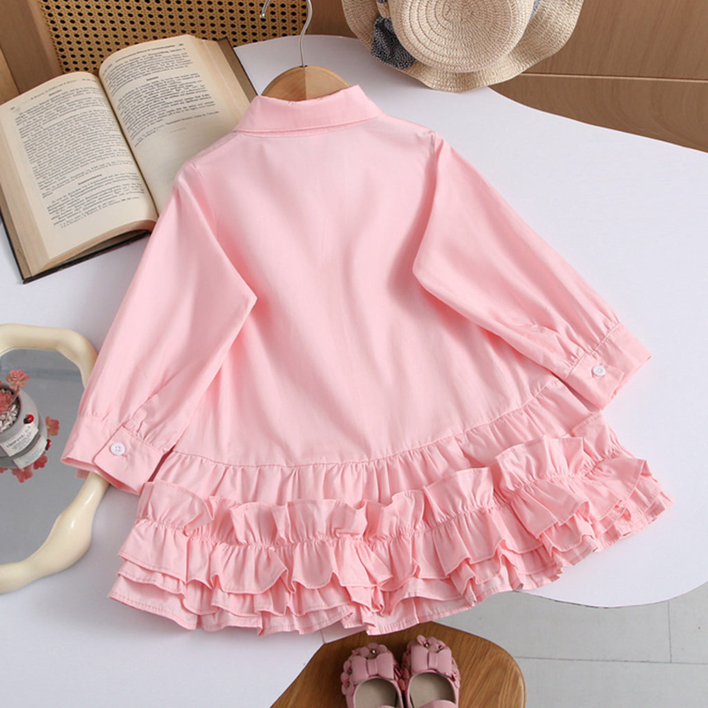 Girls' Long Sleeve Shirt Collar Patchwork Dress, Cake Skirt, 3-8 Years Old