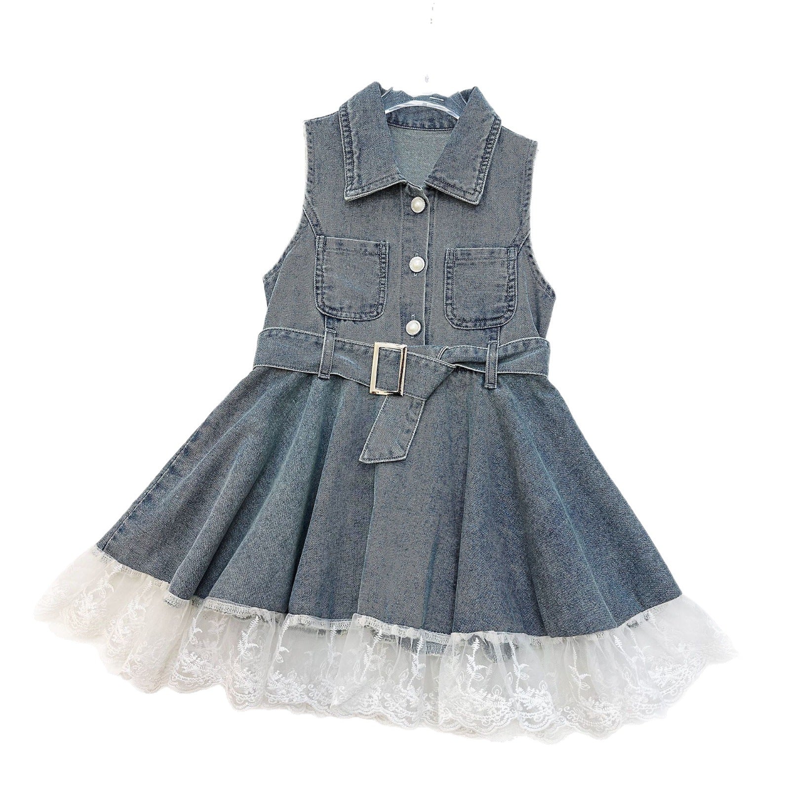 Summer Girls' Denim Dress Fitted Waist, Sleeveless, Lace Trim, Backless Dress