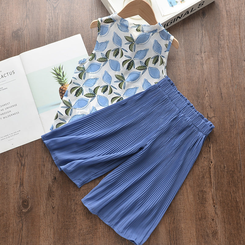 Girls' Lightweight Chiffon Bow Blouse & Wide-Leg Pants Set — Korean Style