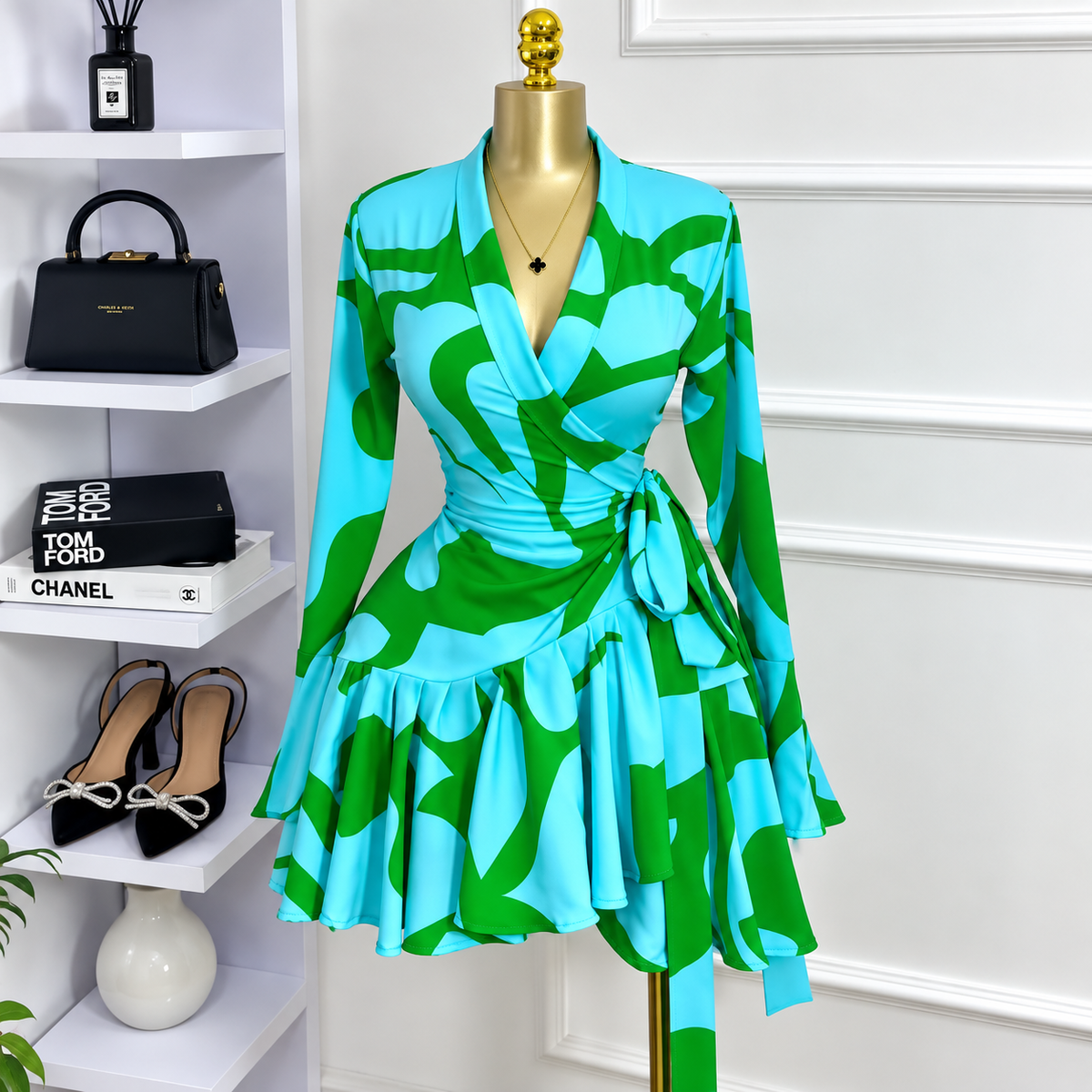 Women's Turquoise & Green Abstract-Print Wrap Dress, $5.80 Each, Packs of 6–12, Code Mix-GC-207