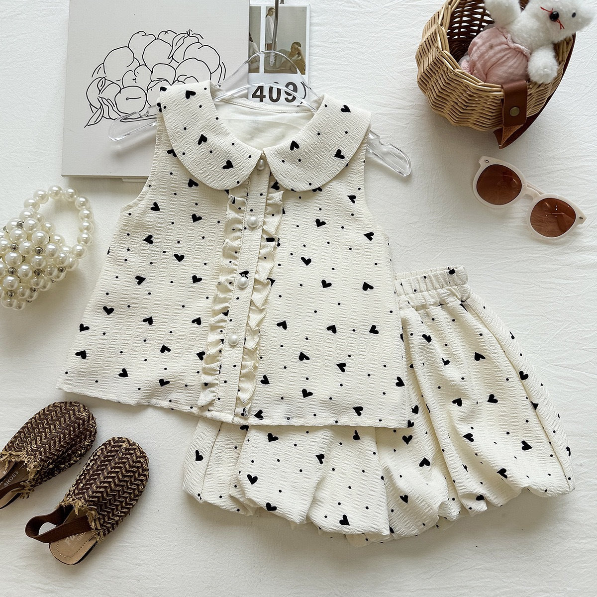 Summer Girls' Set Love Print Sleeveless Vest Top Pom-Pom Shorts  Two-Piece Set