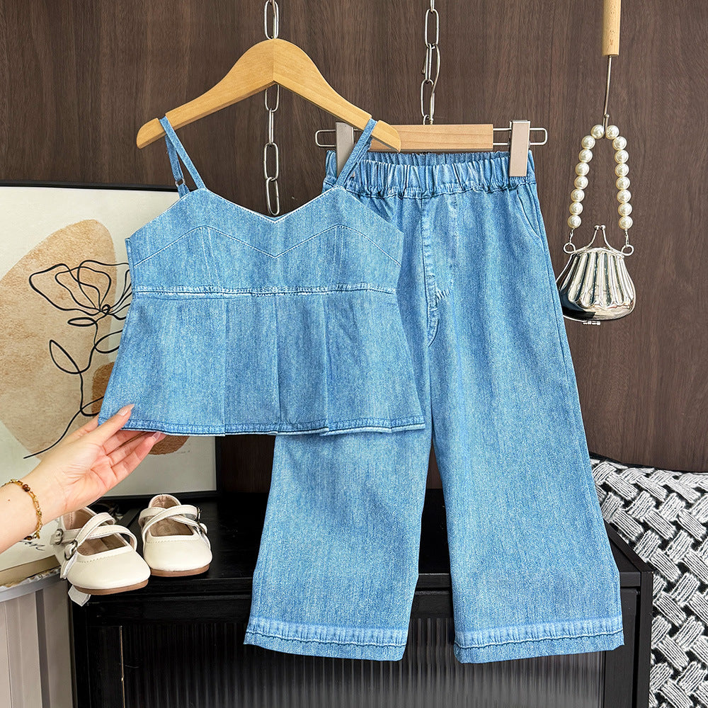 Girls' Blue Sleeveless Top & Pants Korean Style Two-Piece Set
