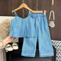 Girls' Blue Sleeveless Top & Pants Korean Style Two-Piece Set
