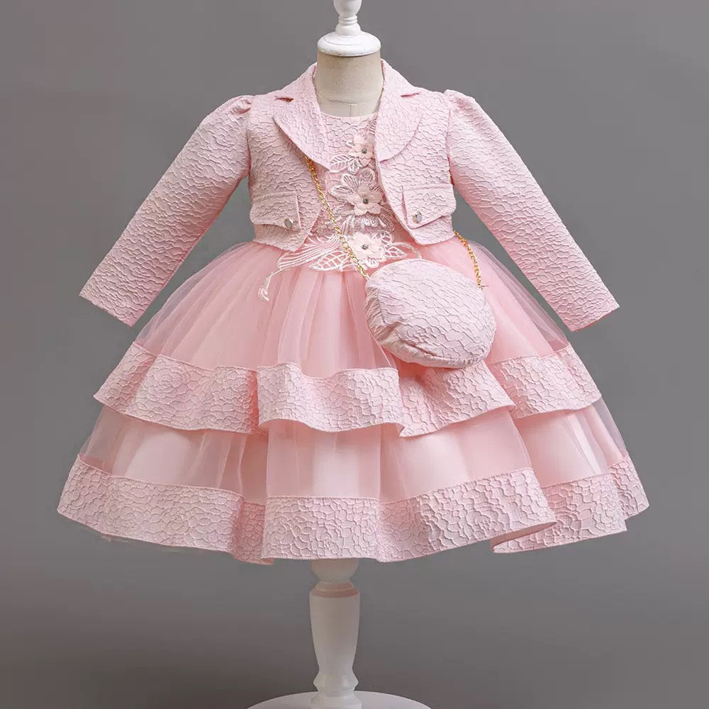 Wholesale Girls Elegant Princess Dress Set with Matching Jacket & Purse – MOQ 50 Mixed Colors – 10 Pieces Per Color – $8 Each