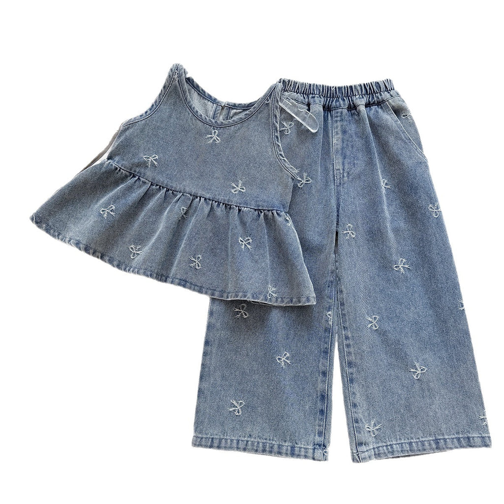 Cute Girl's Denim Set Summer  New Embroidered Bow Denim Vest Wide Leg Pants Two-Piece Trendy Style