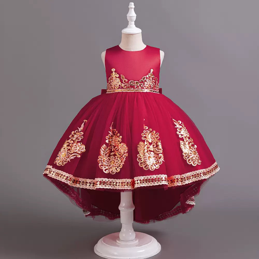 Wholesale Girls Elegant High-Low Princess Party Dress with Gold Embroidery – MOQ 50 Mixed Colors – 10 Pieces Per Color – $8 Each