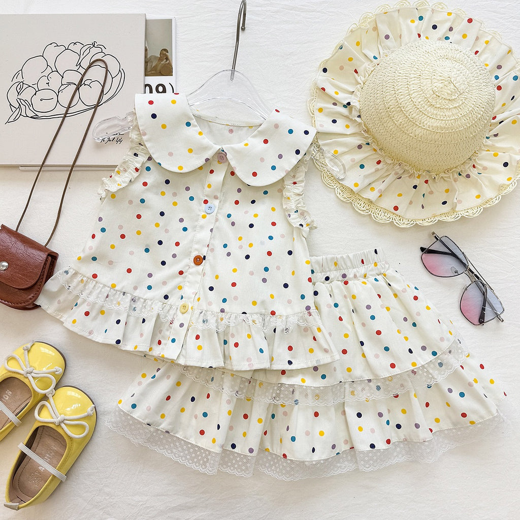 Cute Polka Dot Outfit for Girls, Baby Doll Collar Sleeveless Top with Layered Skirt Two-Piece Set, Fashionable Casual Wear
