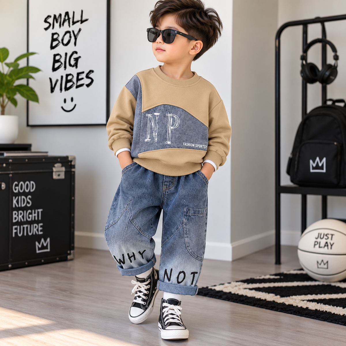 Boys’ Lifestyle “WHY NOT” 2-Piece Sweatshirt & Denim Pants Set. Set price $15 MOQ 24 per color .