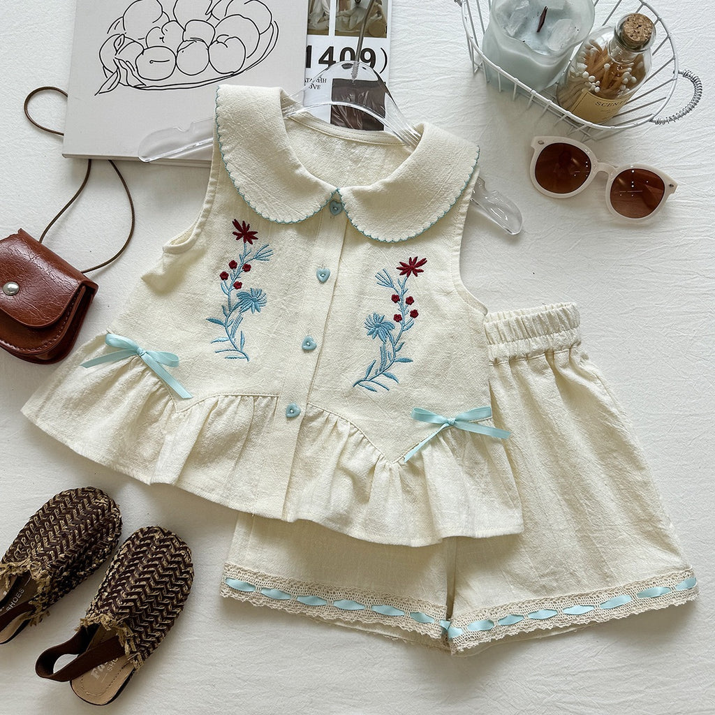 Summer Girls' Outfit Set Sweet Bow Embroidery Sleeveless Top and Shorts Two-Piece Set Foreign Trade