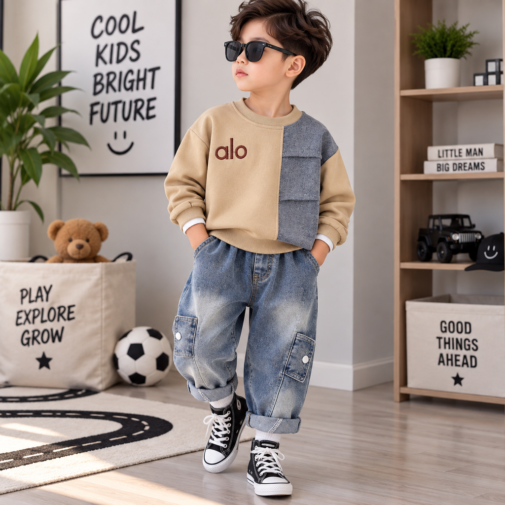 Boys’ Lifestyle 2-Piece Sweatshirt & Denim Pants Set | $15 Per Set | MOQ 24 Sets Per Color | Mixed Sizes .